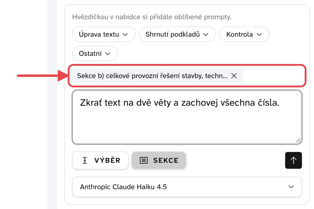 Panel asistenta se sekcí jako podkladem a pokynem