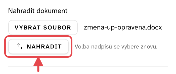Vybraný nový soubor a šipka na tlačítko nahradit