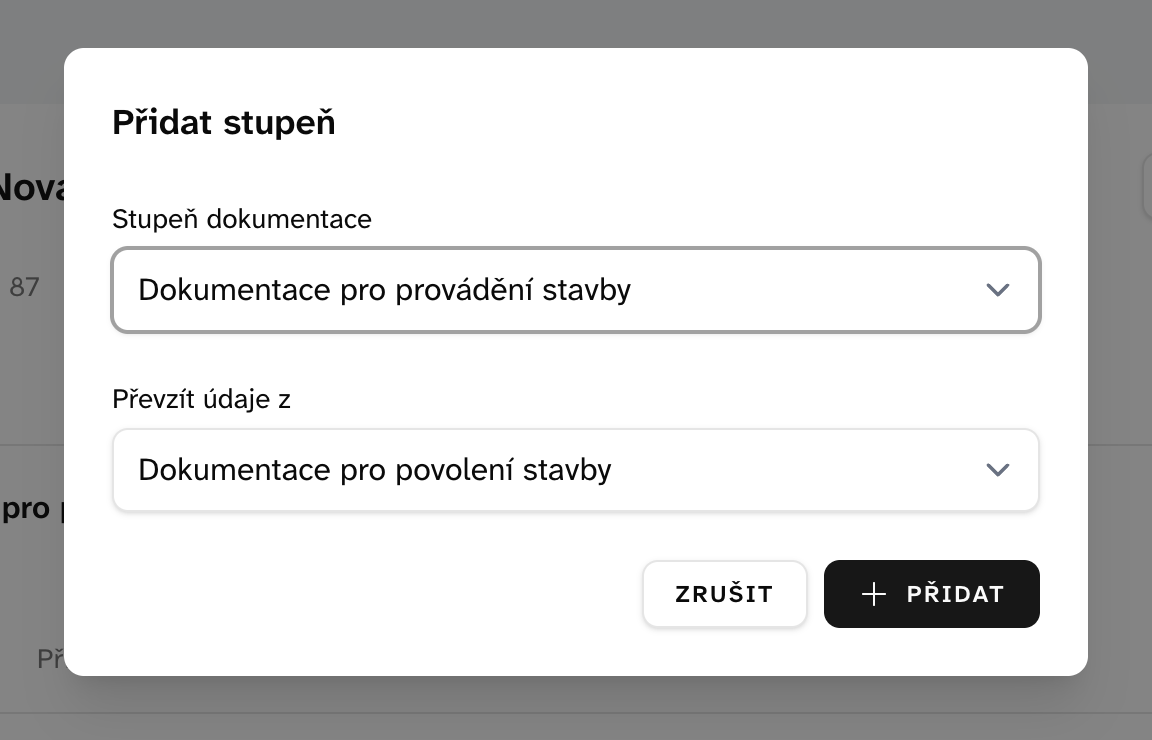 Dialog Přidat stupeň s polem Převzít údaje z