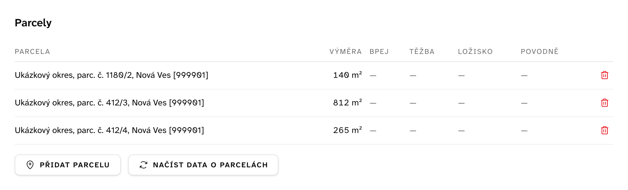 Tabulka parcel projektu s tlačítky přidat parcelu a načíst data o parcelách