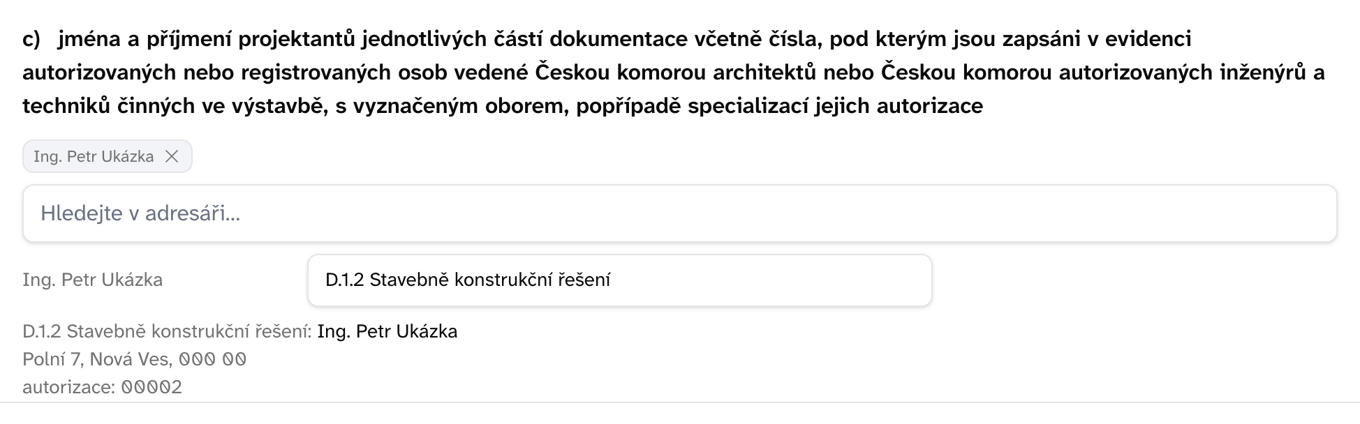 Projektant části vybraný z adresáře, s částí dokumentace a tím, co se vytiskne