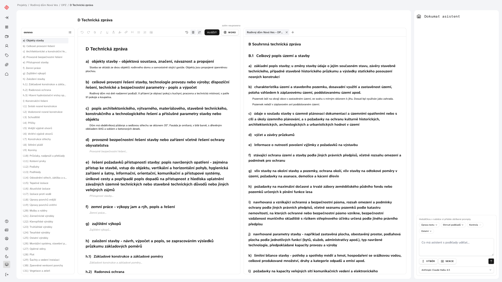 Editor zprávy s osnovou, dokumentem, zprávou vedle a asistentem